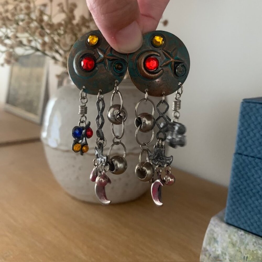 Statement Boho Dangle Earrings 3.25” Mixed Metal Colorful Beaded Festival